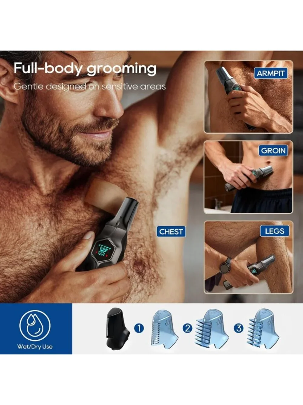 Men's Beard Trimmer with Magnetic Snap-on Heads - Adjustable Length, Gray